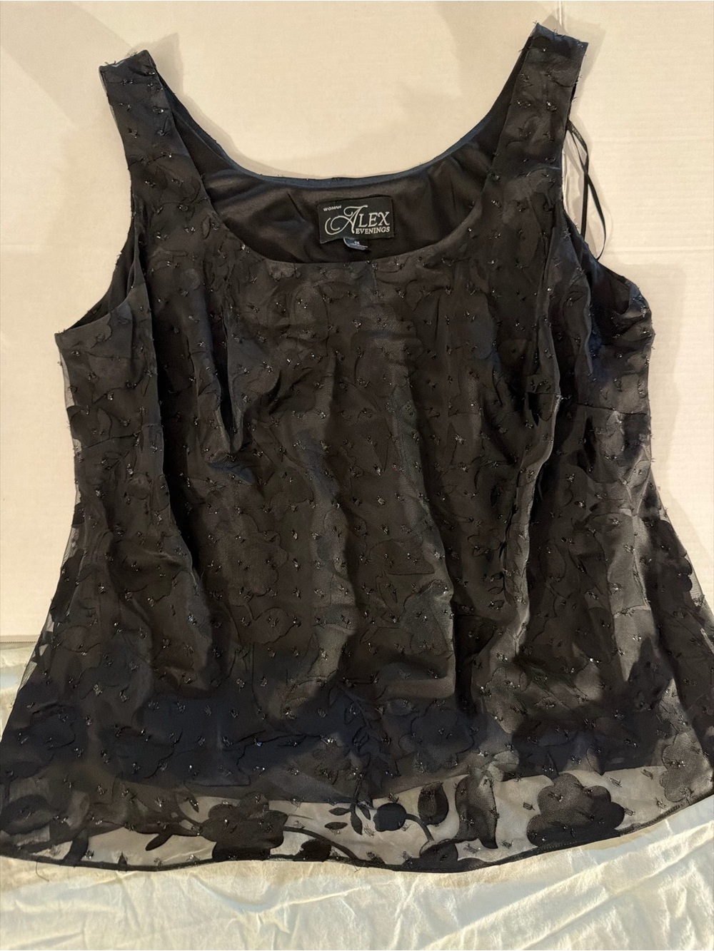 #162. Alex Evenings black dressy shirt with lace over black camisole